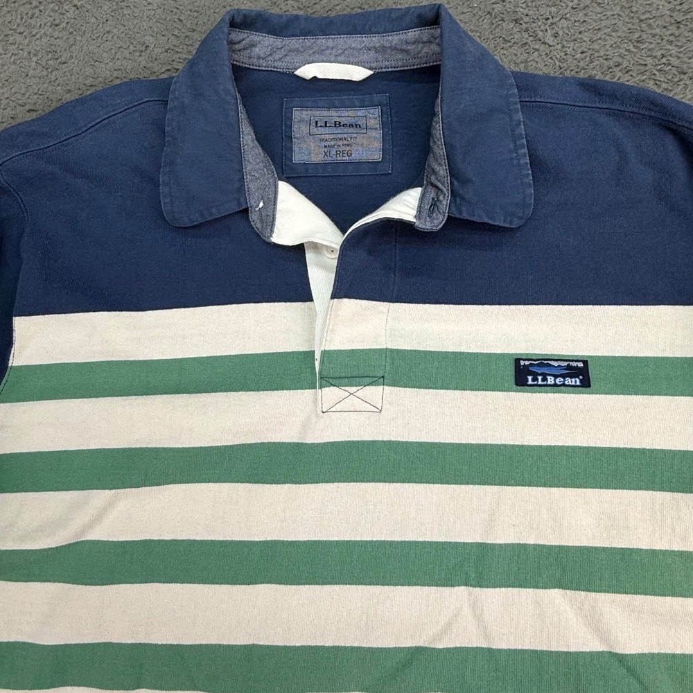LL‎ Bean Rugby Shirt Mens XL Blue Green Striped Long Sleeve Trad Fit 504248